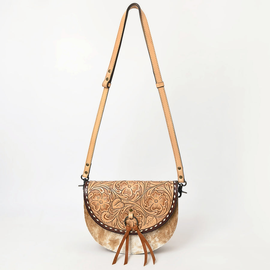American Darling Small Crossbody Bag – Genuine Leather, Hair-On Cowhide, Hand-Tooled Floral Design, Tassels, Buck-Stitched Finish