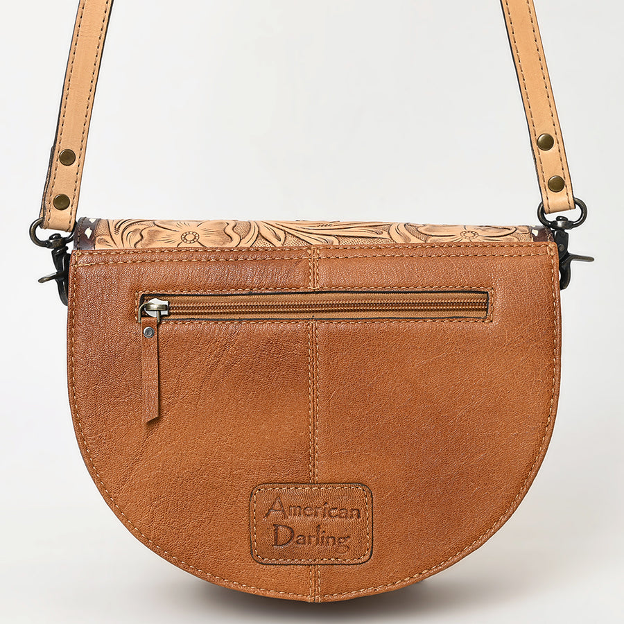 American Darling Small Crossbody Bag – Genuine Leather, Hair-On Cowhide, Hand-Tooled Floral Design, Tassels, Buck-Stitched Finish