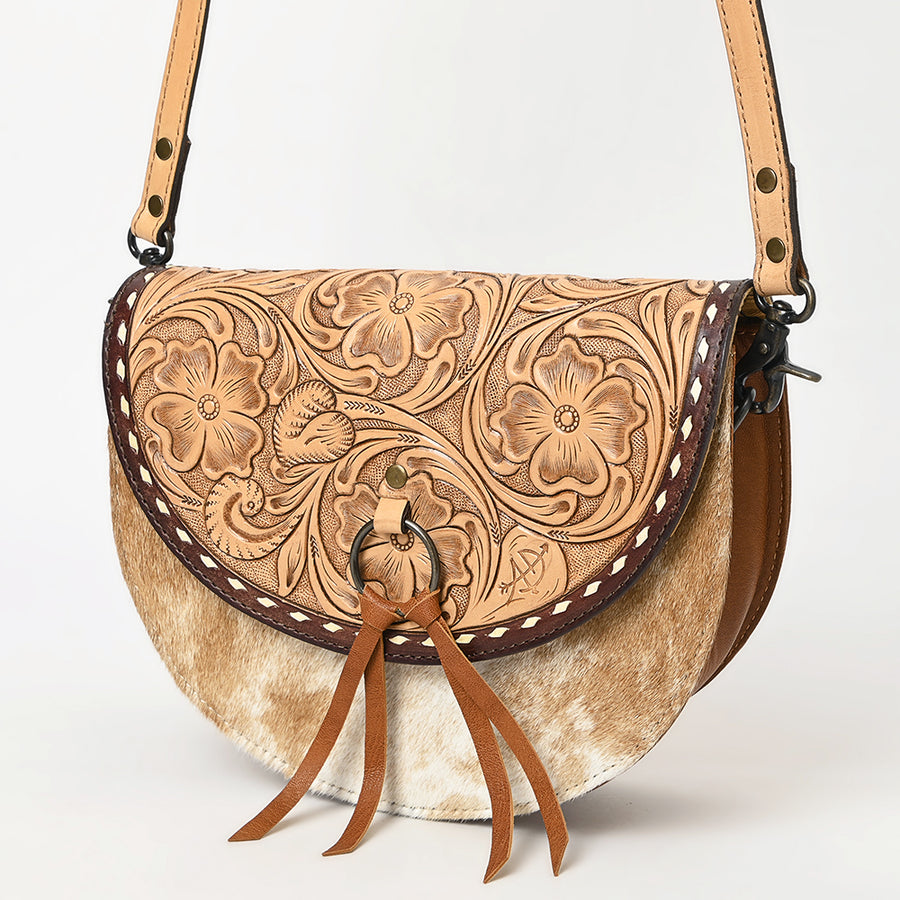 American Darling Western Leather Small Crossbody Bag with Hair-On Cowhide and Hand-Tooled Floral Design - Uhorse