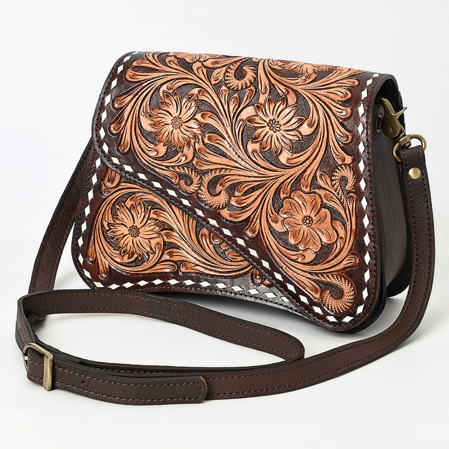 American Darling Hand Tooled Floral Carved Genuine Leather Cross body Bag - Hilason