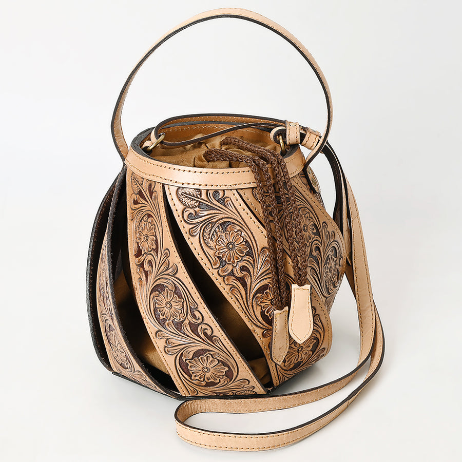 American Darling Women's Hand Tooled Floral Carved Genuine Leather Bucket Bag Eco-Friendly Drawstring Purse YKK Zipper