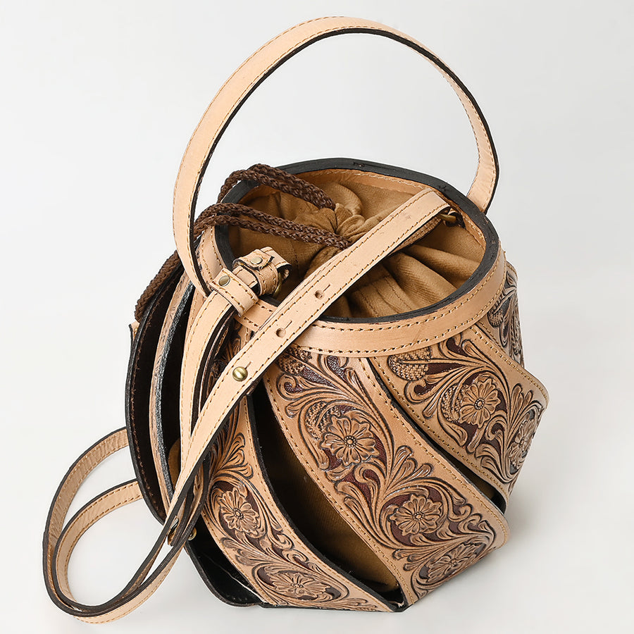 American Darling Women's Hand Tooled Floral Carved Genuine Leather Bucket Bag Eco-Friendly Drawstring Purse YKK Zipper