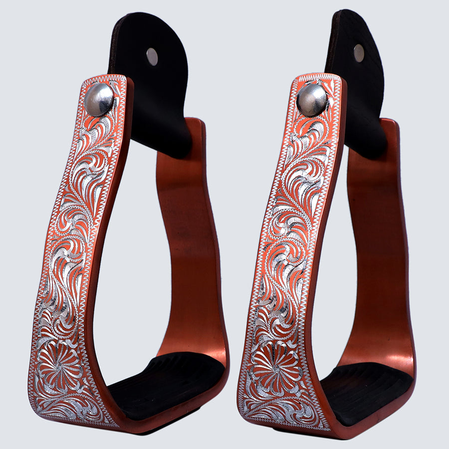 Hilason Engraved Western Angled  Show Stirrups Barrel Racing Slanted Stirrups Wide Rubber Grip