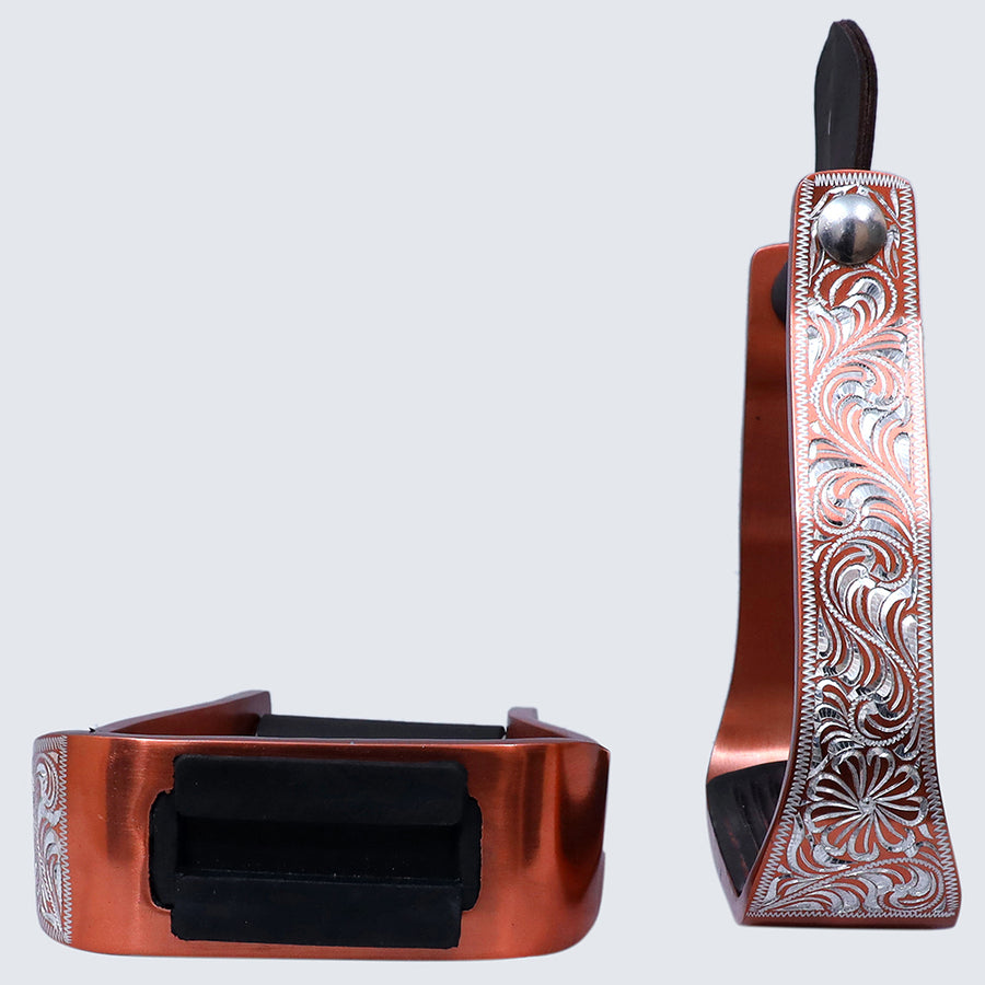 Hilason Engraved Western Angled  Show Stirrups Barrel Racing Slanted Stirrups Wide Rubber Grip