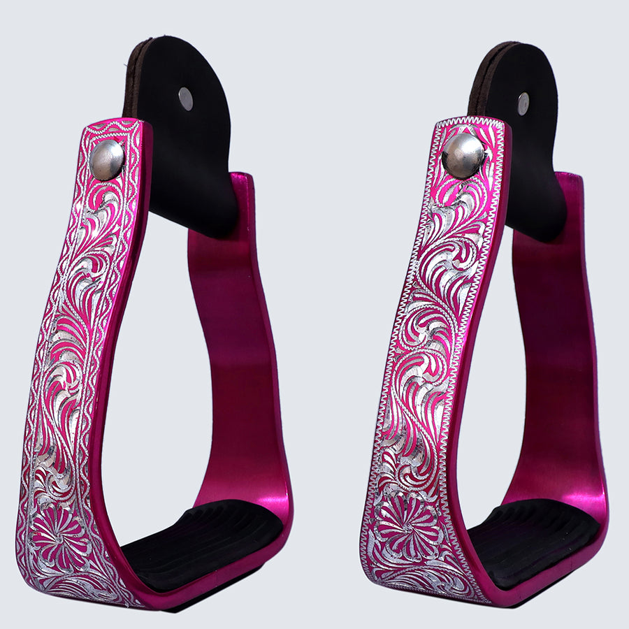 Hilason Engraved Western Angled  Show Stirrups Barrel Racing Slanted Stirrups Wide Rubber Grip