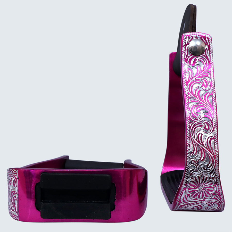 Hilason Engraved Western Angled  Show Stirrups Barrel Racing Slanted Stirrups Wide Rubber Grip