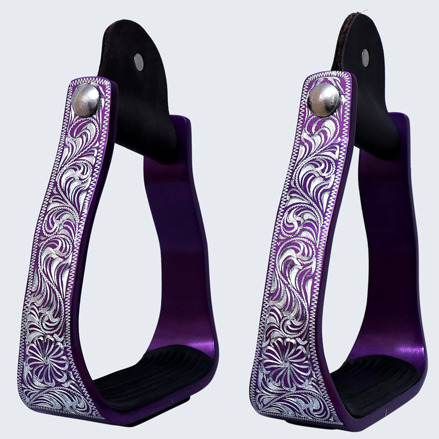 Hilason Engraved Western Angled  Show Stirrups Barrel Racing Slanted Stirrups Wide Rubber Grip