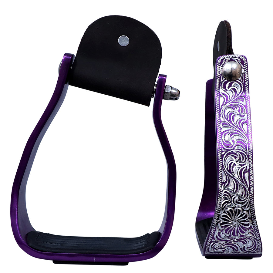 HILASON Western Aluminium Slanted Horse Stirrups Floral Engraved Purple Wide Rubber Grip - Uhorse