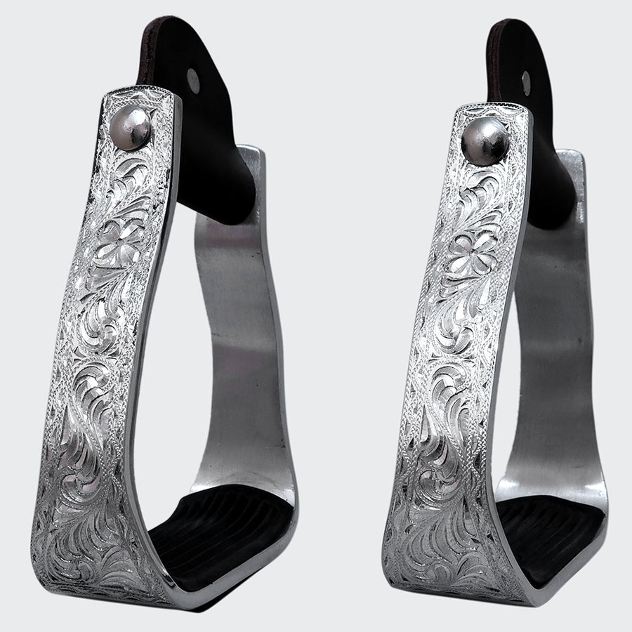 Hilason Engraved Western Angled  Show Stirrups Barrel Racing Slanted Stirrups Wide Rubber Grip
