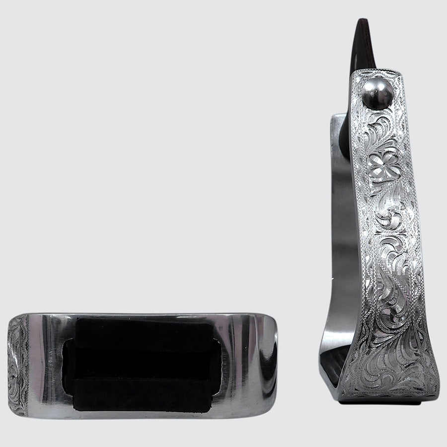 Hilason Engraved Western Angled  Show Stirrups Barrel Racing Slanted Stirrups Wide Rubber Grip