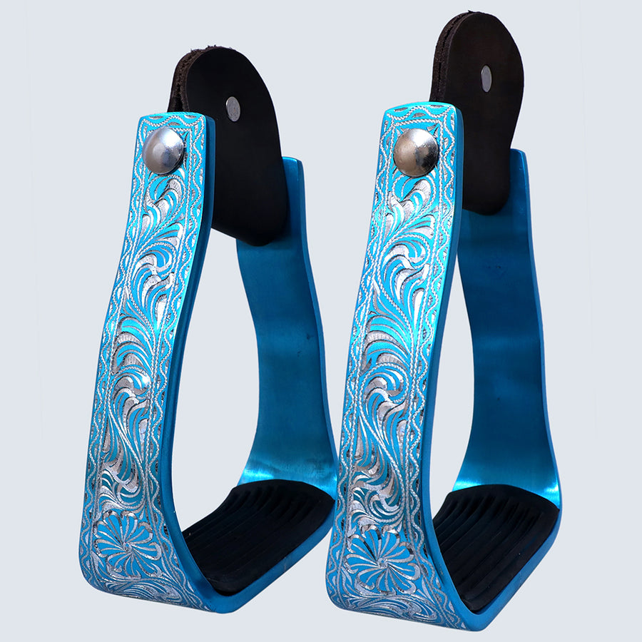 Hilason Engraved Western Angled  Show Stirrups Barrel Racing Slanted Stirrups Wide Rubber Grip