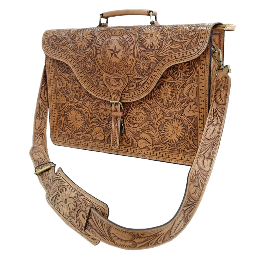 American Darling Hand Tooled Leather Briefcase - Floral Carved Western Laptop Bag - Uhorse