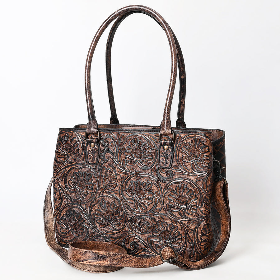 American Darling Western Leather Tote Bag with Hand-Tooled Floral Design - Genuine Full-Grain Leather - Uhorse