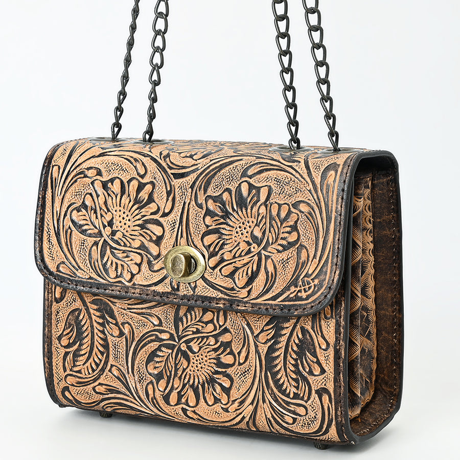American Darling Western Leather Small Crossbody Bag with Hand-Tooled Floral Design - Genuine Leather - Uhorse