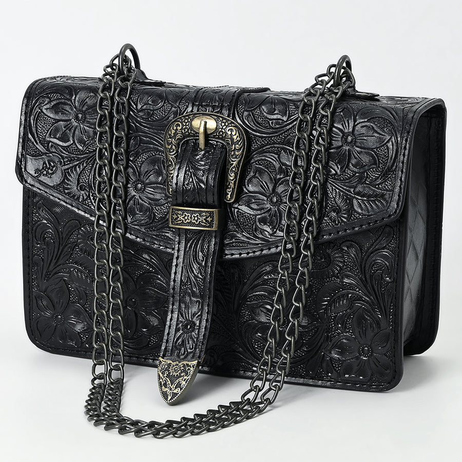 American Darling Western Leather Small Crossbody Bag with Hand-Tooled Floral Design and Chain Strap - Uhorse