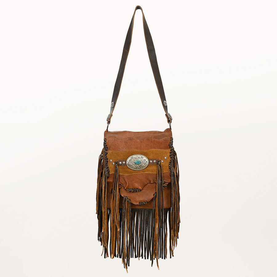 American Darling Messenger Bag Western Hair-On Cowhide Genuine Leather Handcrafted Purse with Fringes and Turquoise Stone