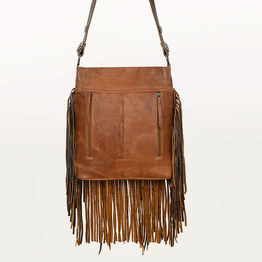 American Darling Messenger Bag Western Hair-On Cowhide Genuine Leather Handcrafted Purse with Fringes and Turquoise Stone