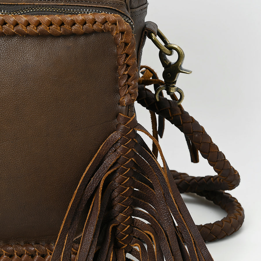 American Darling Cross body Bag Western Genuine Leather Handcrafted Purse with Fringes, Braided Trim and YKK Zipper