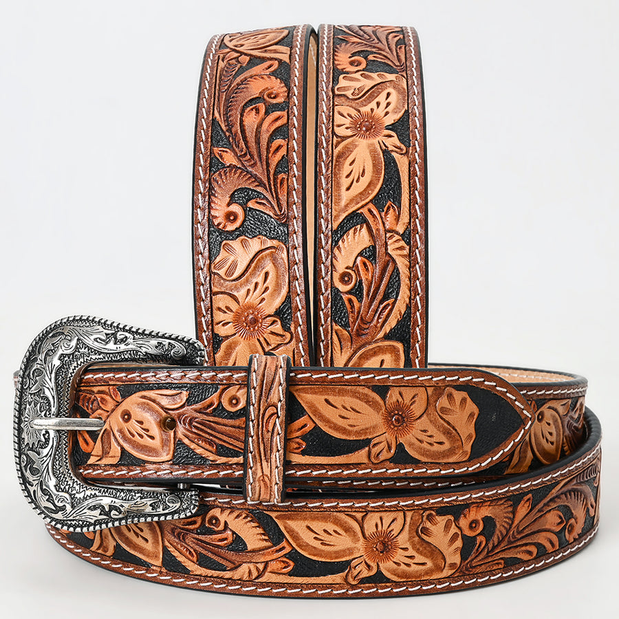 Large American Darling Hand Carved Unisex Genuine American Leather Belt Black Inlay Brown - Uhorse