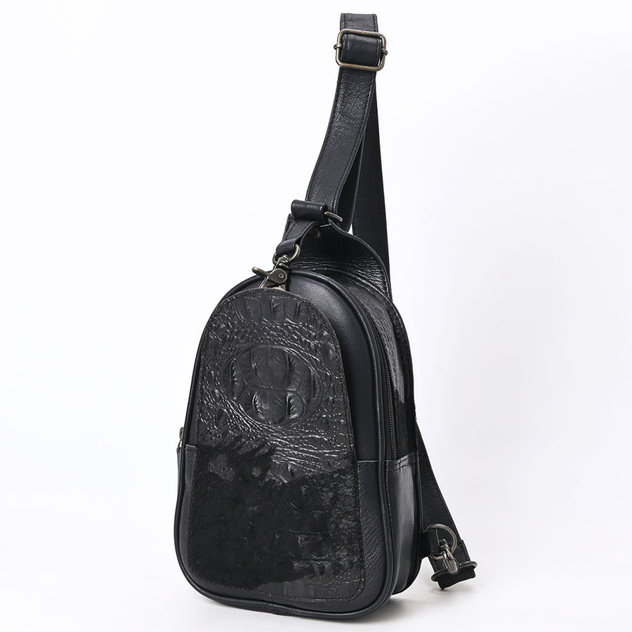 American Darling Western Leather Sling Bag with Crocodile Embossed Detailing - Genuine Hair-on cowhide Leather - Uhorse
