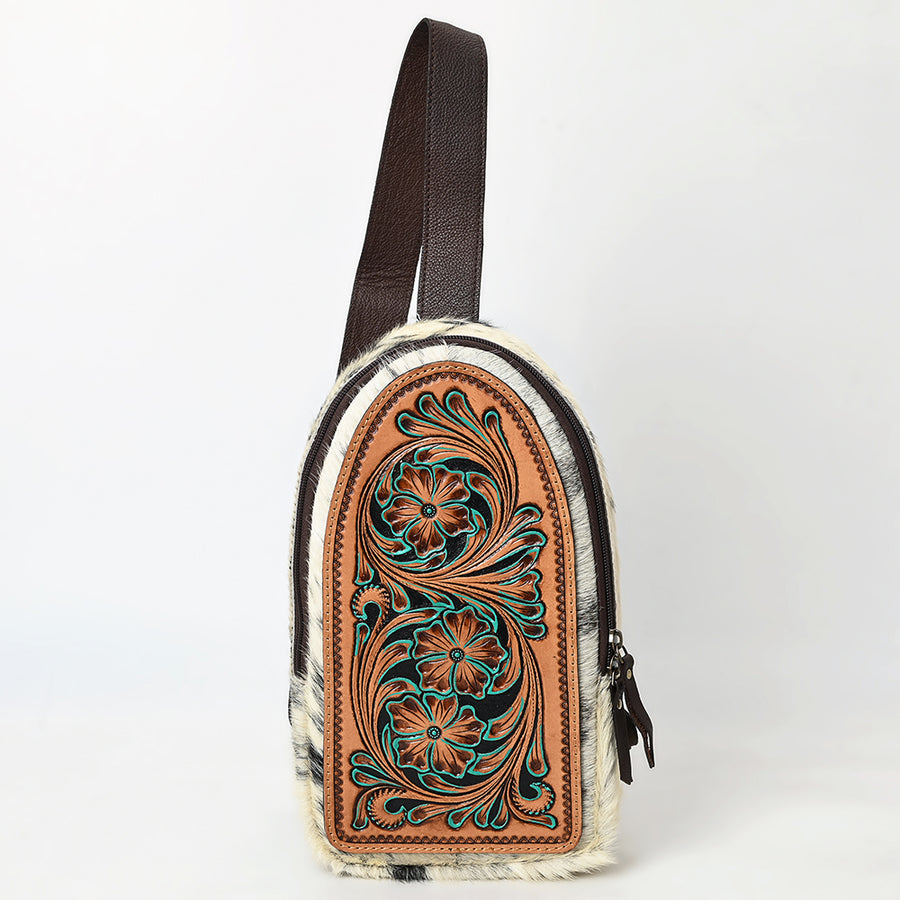 American Darling Sling Bag - Hair-On Cowhide, Hand Tooled Floral Carved, Eco-Friendly Vegetable Tanned Genuine Leather
