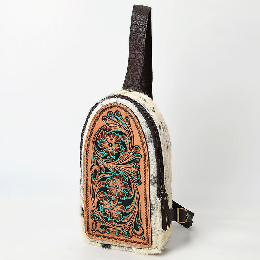American Darling Hair-On Cowhide Hand Tooled Genuine Leather Sling Bag - Uhorse
