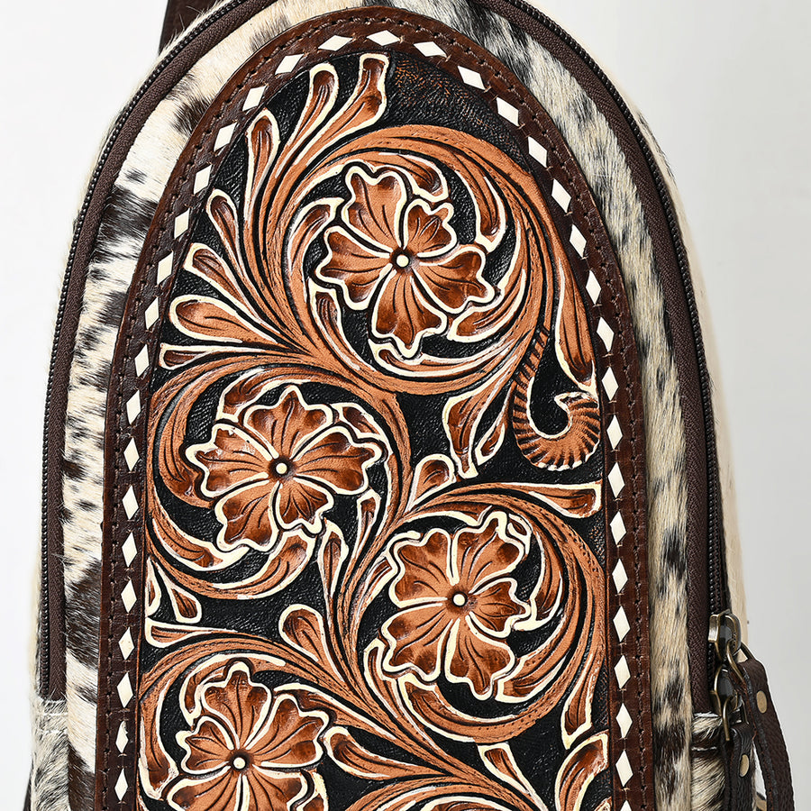 American Darling Sling Bag - Hair-On Cowhide, Hand Tooled Floral Carved, Eco-Friendly Vegetable Tanned Genuine Leather