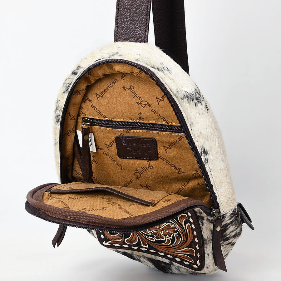 American Darling Sling Bag - Hair-On Cowhide, Hand Tooled Floral Carved, Eco-Friendly Vegetable Tanned Genuine Leather