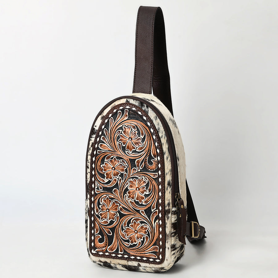 American Darling Hair-On Cowhide Hand Tooled Genuine Leather Sling Bag - Uhorse