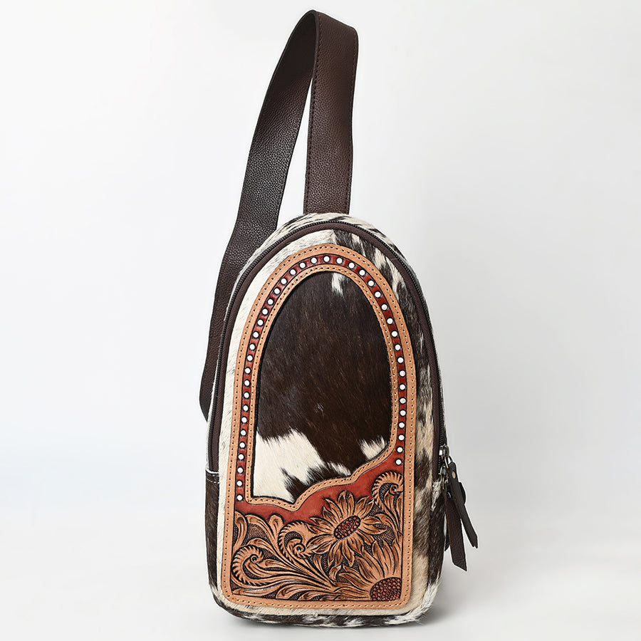 American Darling Sling Bag - Hair-On Cowhide, Hand Tooled Floral Carved, Eco-Friendly Vegetable Tanned Genuine Leather