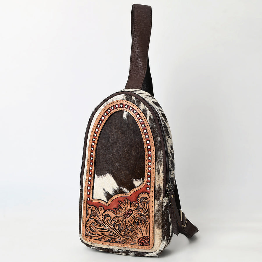 American Darling Hair-On Cowhide Hand Tooled Genuine Leather Sling Bag - Uhorse