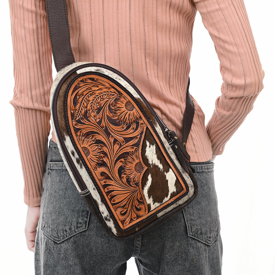 American Darling Sling Bag - Hand Tooled Floral Carved, Hair-On Cowhide, Eco-Friendly Vegetable Tanned Genuine Leather