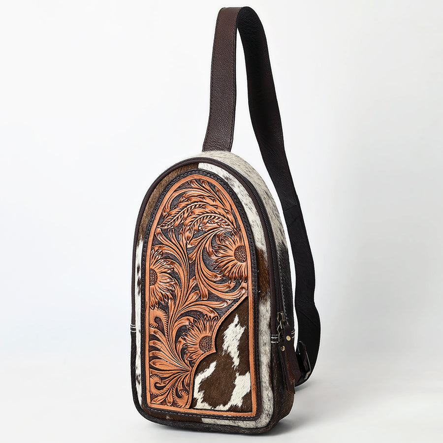 American Darling Hand Tooled Floral Carved Hair-On Cowhide Sling Bag - Uhorse