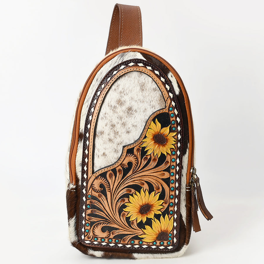American Darling Sling Bag - Hand Tooled Floral Carved, Hair-On Cowhide, Eco-Friendly Vegetable Tanned Genuine Leather