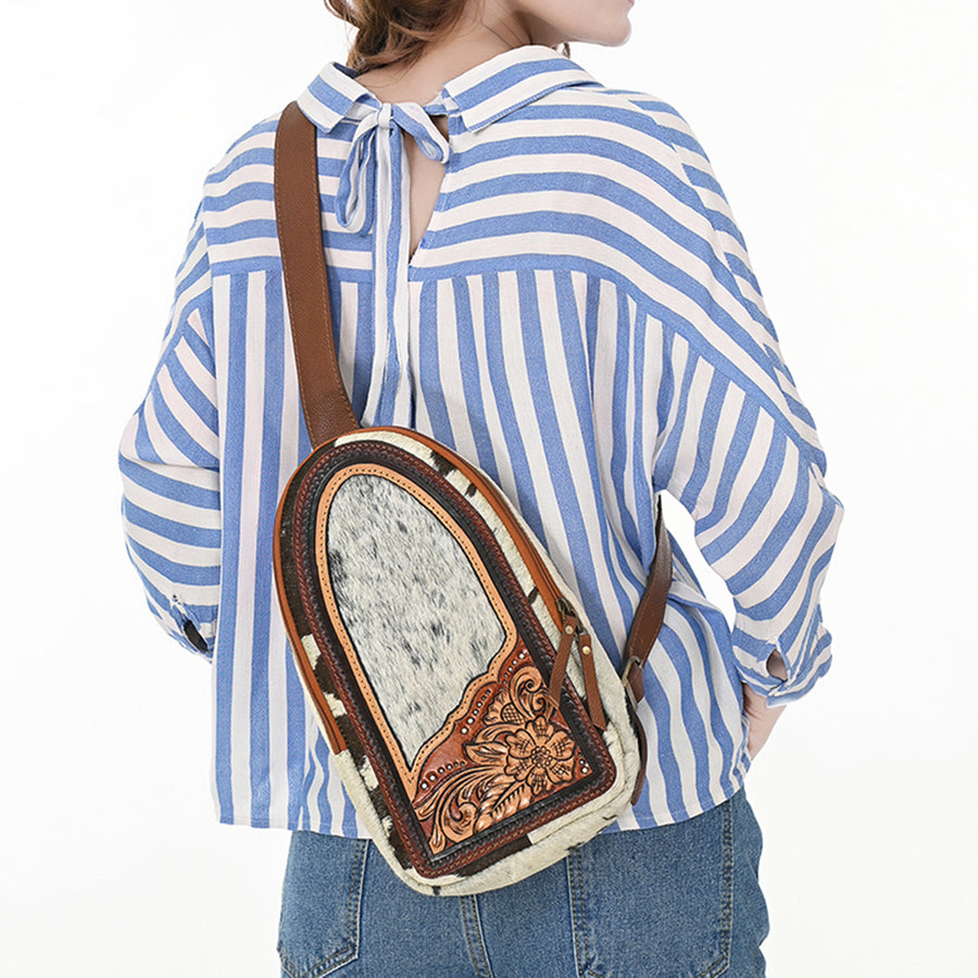 American Darling Sling Bag - Hand Tooled Floral Carved, Hair-On Cowhide, Eco-Friendly Vegetable Tanned Genuine Leather