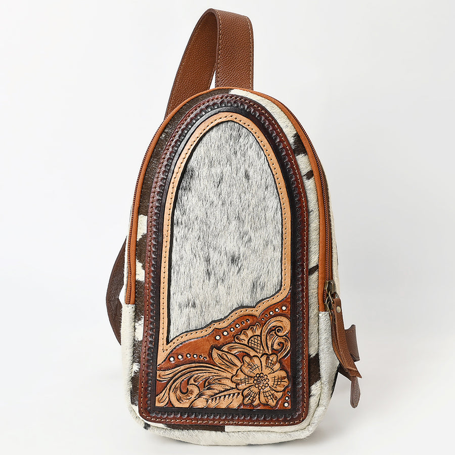 American Darling Sling Bag - Hand Tooled Floral Carved, Hair-On Cowhide, Eco-Friendly Vegetable Tanned Genuine Leather