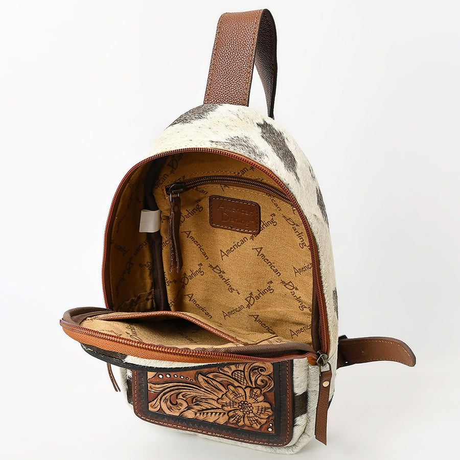 American Darling Sling Bag - Hand Tooled Floral Carved, Hair-On Cowhide, Eco-Friendly Vegetable Tanned Genuine Leather
