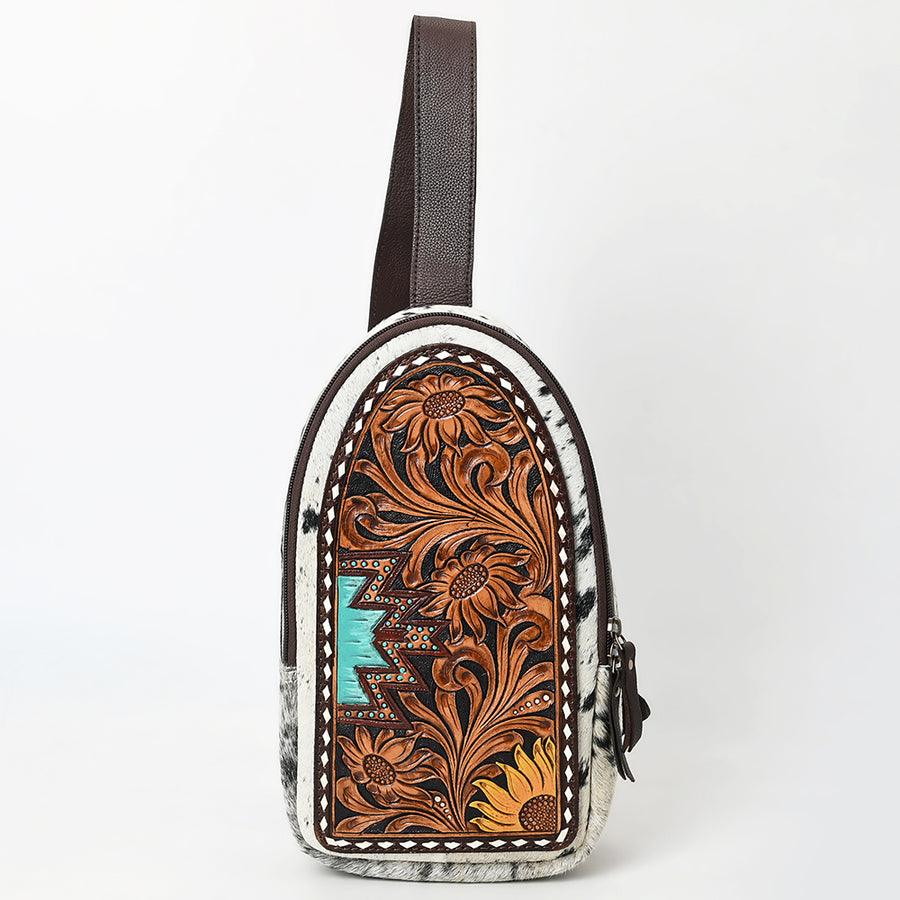 American Darling Sling Bag - Hand Tooled Floral Carved, Hair-On Cowhide, Eco-Friendly Vegetable Tanned Genuine Leather