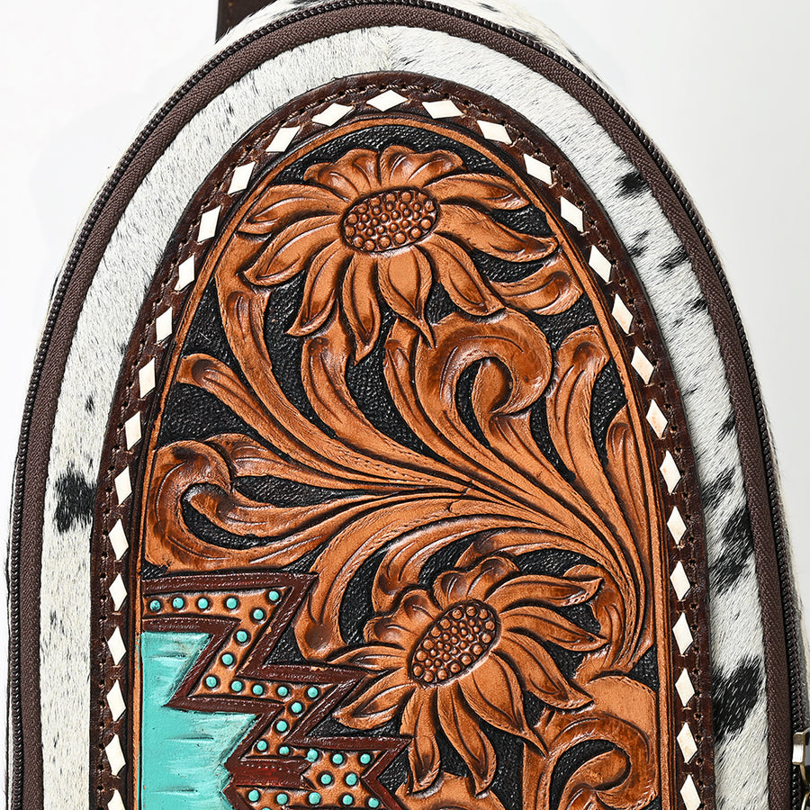 American Darling Sling Bag - Hand Tooled Floral Carved, Hair-On Cowhide, Eco-Friendly Vegetable Tanned Genuine Leather