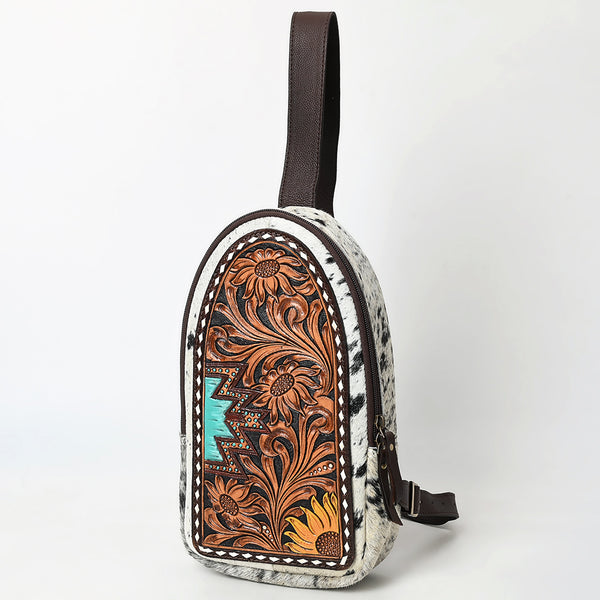 American Darling Hair-On Cowhide Hand Tooled Genuine Leather Sling Bag - Uhorse