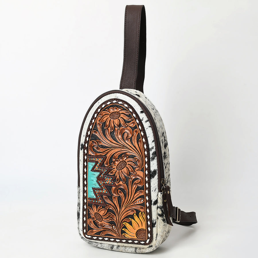 American Darling Hair-On Cowhide Hand Tooled Genuine Leather Sling Bag - Uhorse