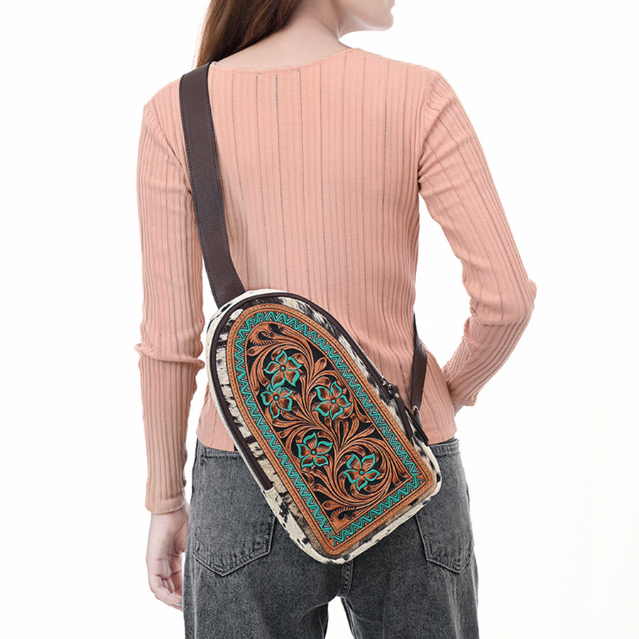 American Darling Sling Bag - Hand Tooled Floral Carved, Hair-On Cowhide, Eco-Friendly Vegetable Tanned Genuine Leather