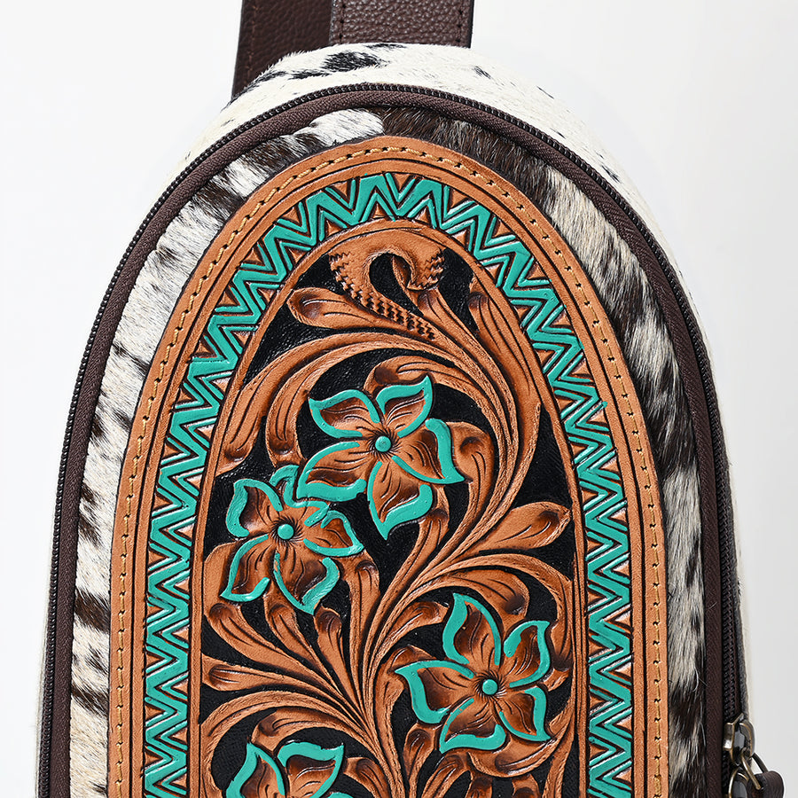 American Darling Sling Bag - Hand Tooled Floral Carved, Hair-On Cowhide, Eco-Friendly Vegetable Tanned Genuine Leather