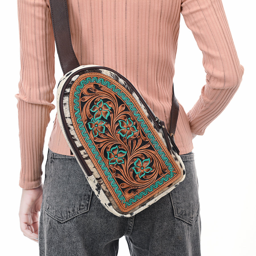 American Darling Sling Bag - Hand Tooled Floral Carved, Hair-On Cowhide, Eco-Friendly Vegetable Tanned Genuine Leather