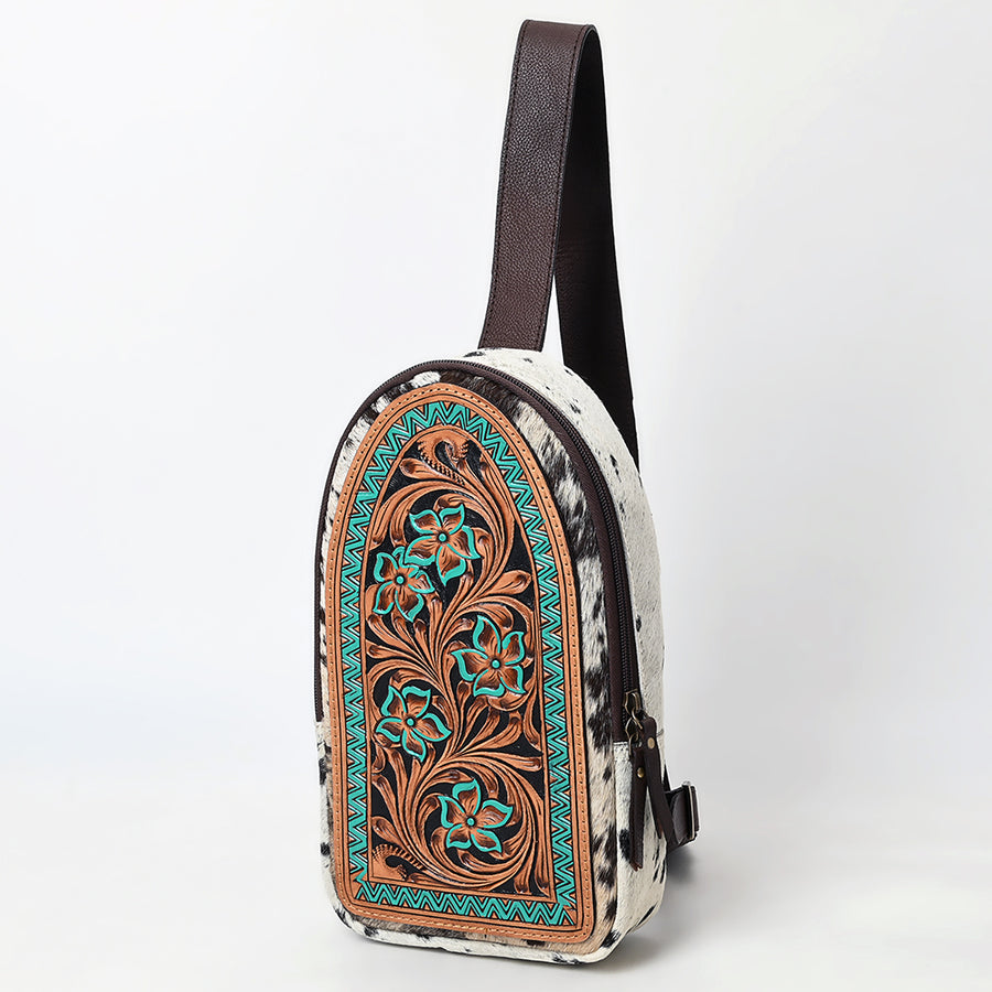 American Darling Hair-On Cowhide Hand Tooled Genuine Leather Sling Bag - Uhorse