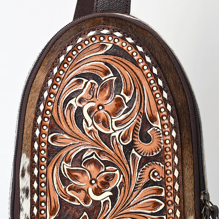 American Darling Sling Bag - Hand Tooled Floral Carved, Hair-On Cowhide, Eco-Friendly Vegetable Tanned Genuine Leather