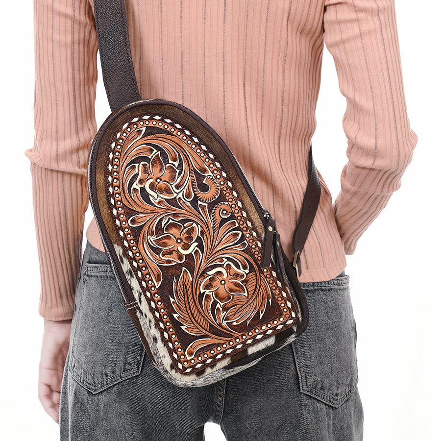 American Darling Sling Bag - Hand Tooled Floral Carved, Hair-On Cowhide, Eco-Friendly Vegetable Tanned Genuine Leather
