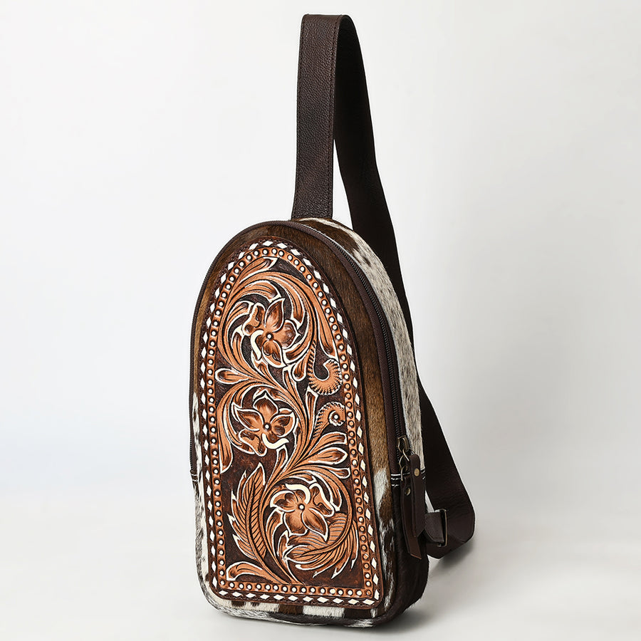 American Darling Hair-On Cowhide Hand Tooled Genuine Leather Sling Bag - Uhorse
