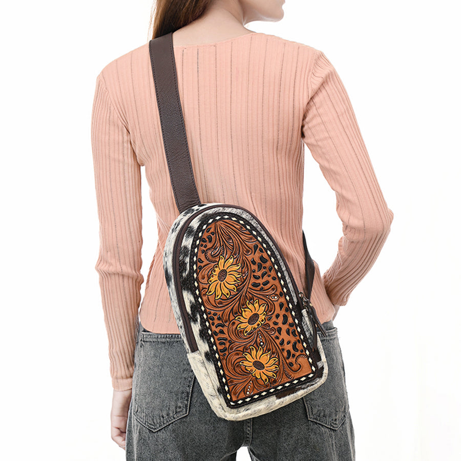 American Darling Sling Bag - Buck Stitched Floral Carved Hair-On Cowhide, Eco-Friendly Vegetable Tanned Genuine Leather