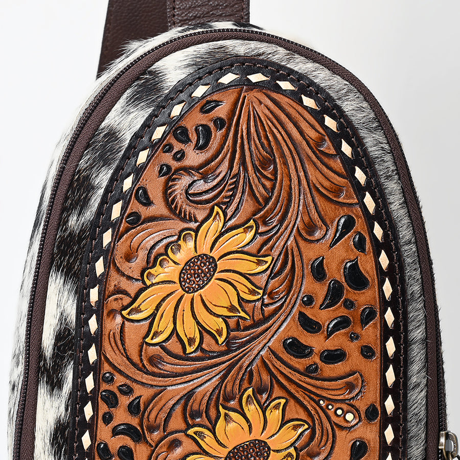 American Darling Sling Bag - Buck Stitched Floral Carved Hair-On Cowhide, Eco-Friendly Vegetable Tanned Genuine Leather